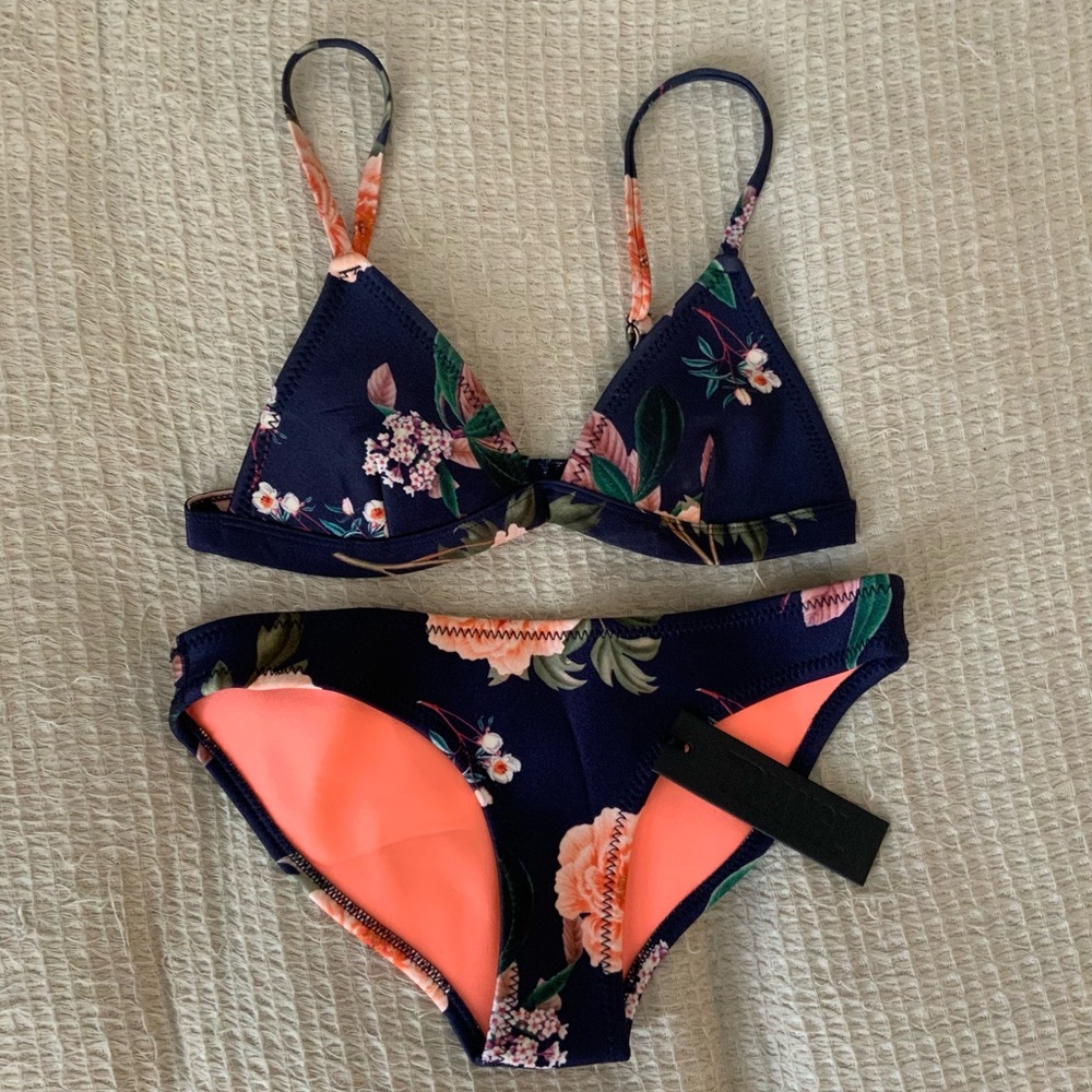 New With Tags Triangl Neoprene Bikini Set Blue Floral Pink XS Top Swim Bottoms